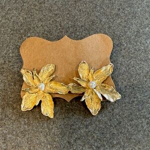Gold Floral Earrings with Pearl Accent